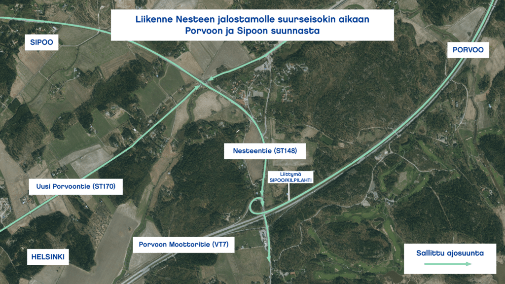 Karttakuva johon piirretty reitti Nesteen jalostamolle Porvoossa saavuttaessa Porvoon ja Sipoon suunnasta