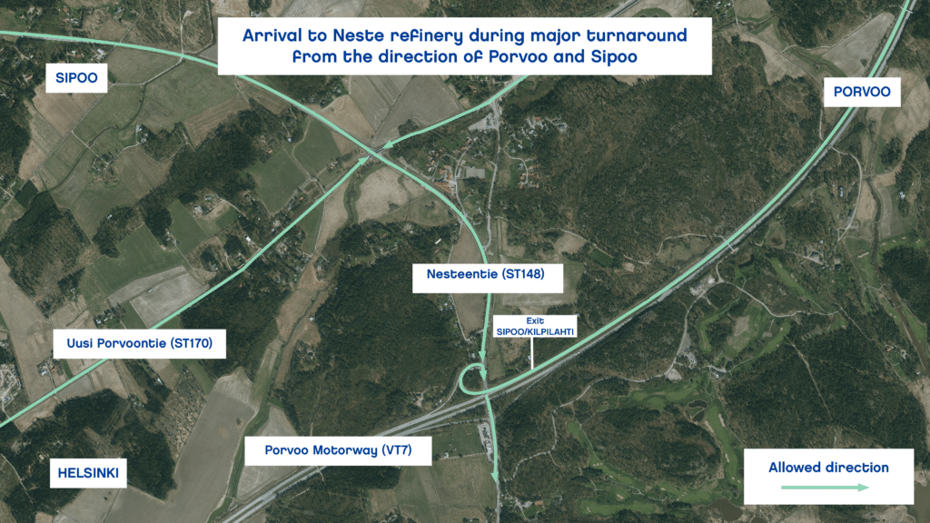 Map with the arrival route from the direction of Porvoo and Sipoo to the Neste refinery